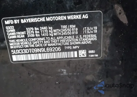 2022 BMW X4 xDrive30I из США, поврежденный, VIN 5UX33DT09N9L69206